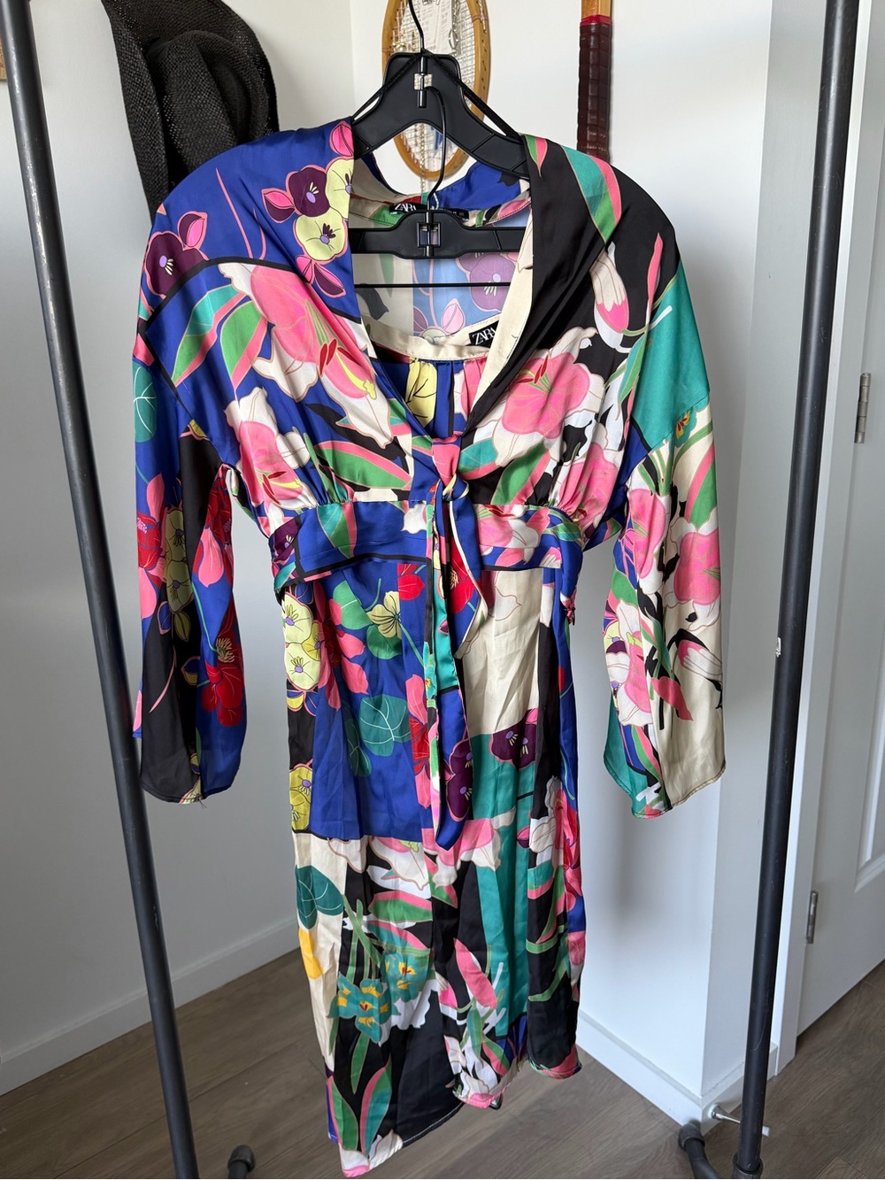 Zara Multicolor Floral Long Sleeve Tie-Waist Dress